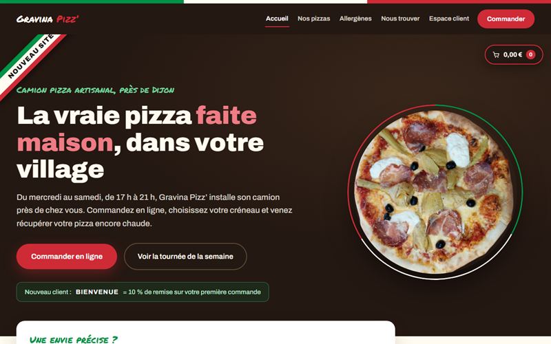 Page d'accueil du site Gravina Pizz, camion pizza artisanal au nord de Dijon