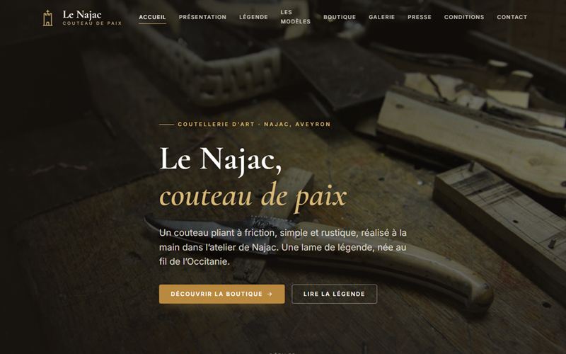 Page d'accueil du site Le Najac, coutellerie d'art en Aveyron