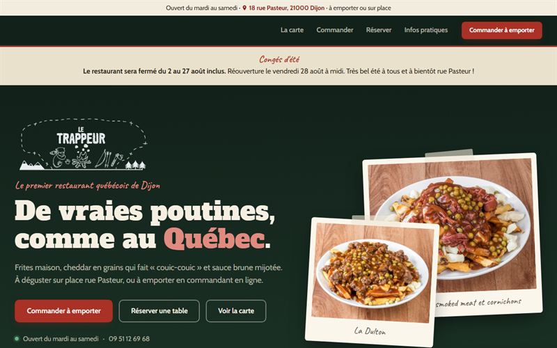 Page d'accueil du site Le Trappeur, restaurant québécois à Dijon