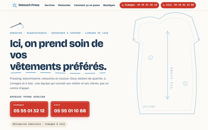 Page d'accueil du site Retouch Press, pressing et retouches à Limoges et Isle